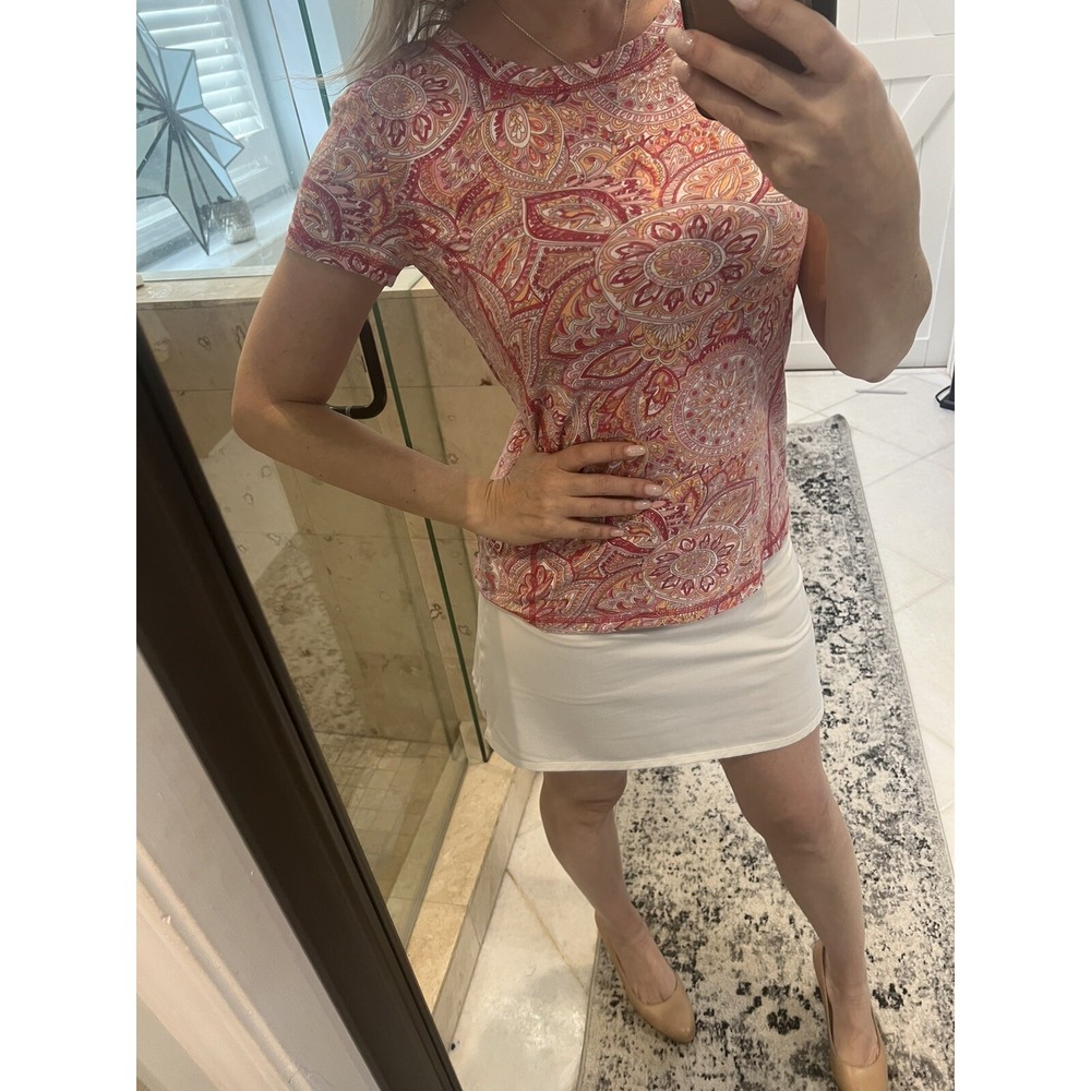 Talbots SP Paisley Cotton Spandex Short Slv pink T-Shirt Top Colorful Slim Fit